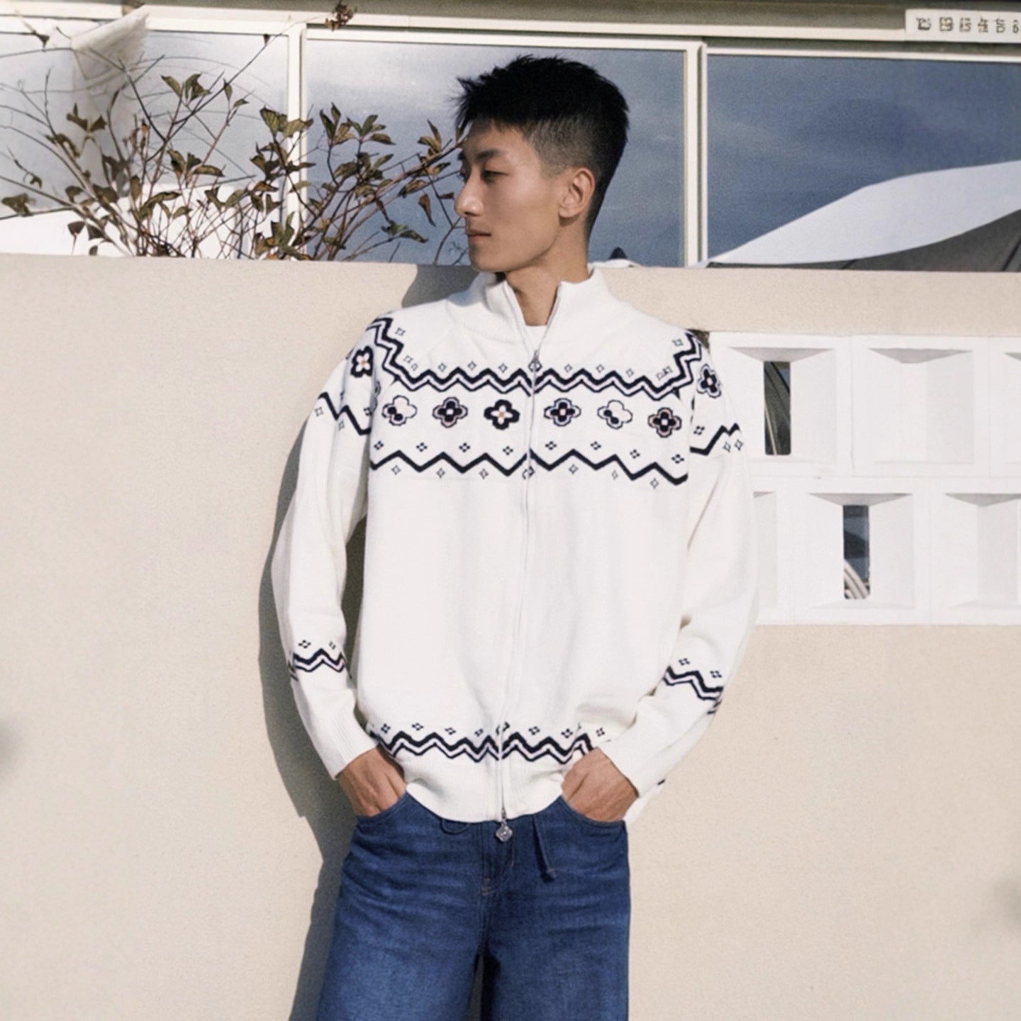Fair Isle Floral Knit Cardigan for Men Winter Ethnic Style Cozy Soft Knitwear Clean Fit Sweater Jacket