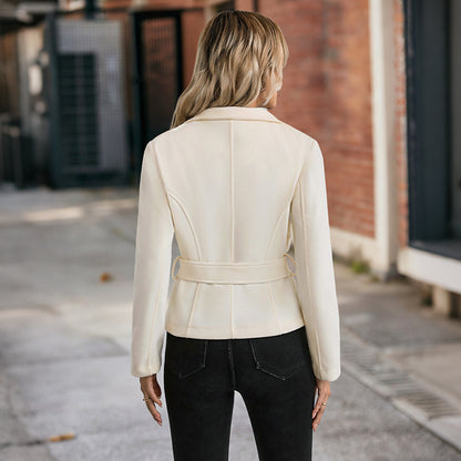 Elegant commuting style with lace up stand up collar solid color woolen coat