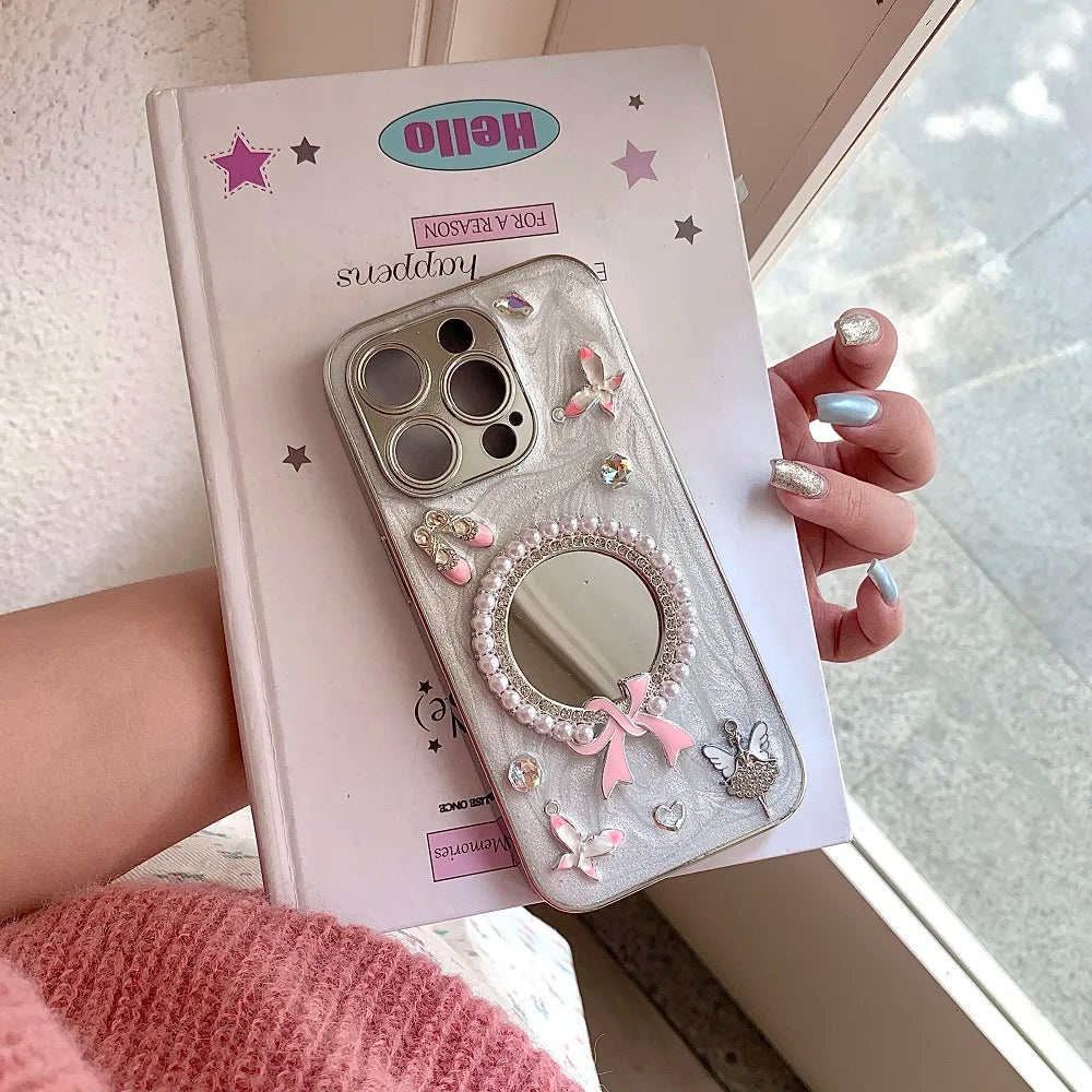 Glitter Diamond Heart Makeup Mirror Ballet Shoes Phone Case For iPhone 16 15 14 13 12 11 Pro Max Plus XR X Protective Cover