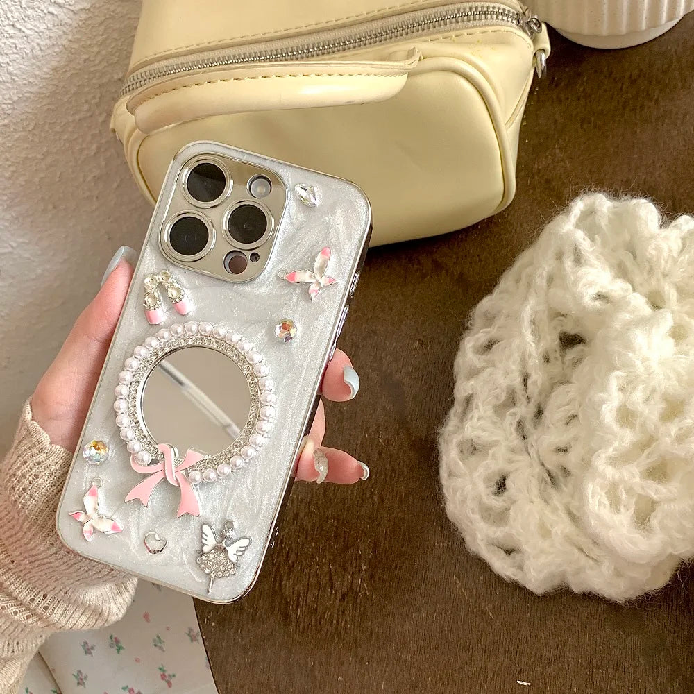 Glitter Diamond Heart Makeup Mirror Ballet Shoes Phone Case For iPhone 16 15 14 13 12 11 Pro Max Plus XR X Protective Cover