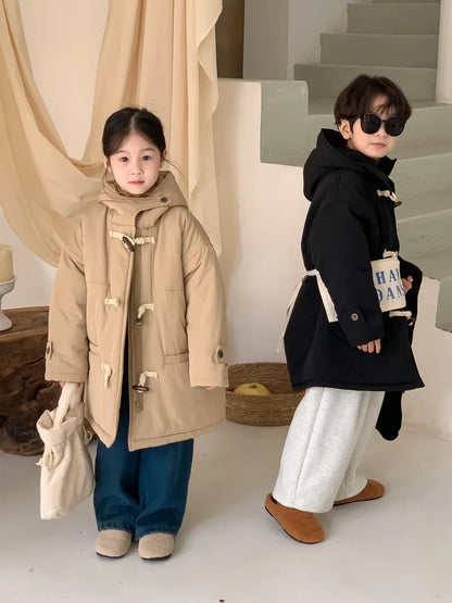 Children's jacket 2025 winter boys and girls Korean version thickened horn buckle coat children's casual hooded medium and long