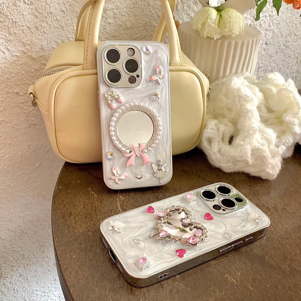 Glitter Diamond Heart Makeup Mirror Ballet Shoes Phone Case For iPhone 16 15 14 13 12 11 Pro Max Plus XR X Protective Cover