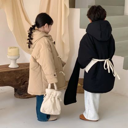 Children's jacket 2025 winter boys and girls Korean version thickened horn buckle coat children's casual hooded medium and long
