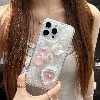 Korean Cute 3D Love Heart Pearl Butterfly Epoxy Phone Case For iPhone 17 Air 16 15 14 Plus 13 12 11 Pro Max Shockproof Cover