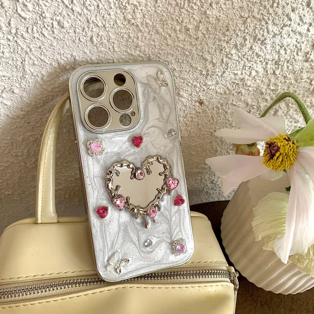 Glitter Diamond Heart Makeup Mirror Ballet Shoes Phone Case For iPhone 16 15 14 13 12 11 Pro Max Plus XR X Protective Cover