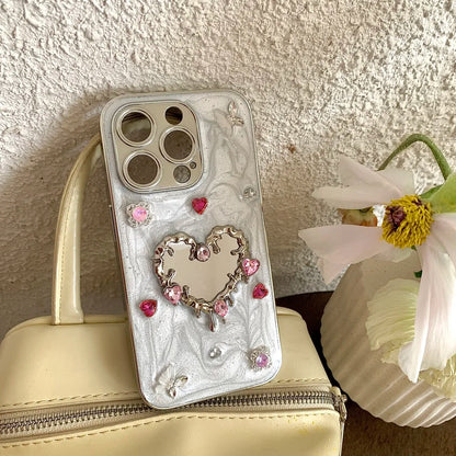 Glitter Diamond Heart Makeup Mirror Ballet Shoes Phone Case For iPhone 16 15 14 13 12 11 Pro Max Plus XR X Protective Cover