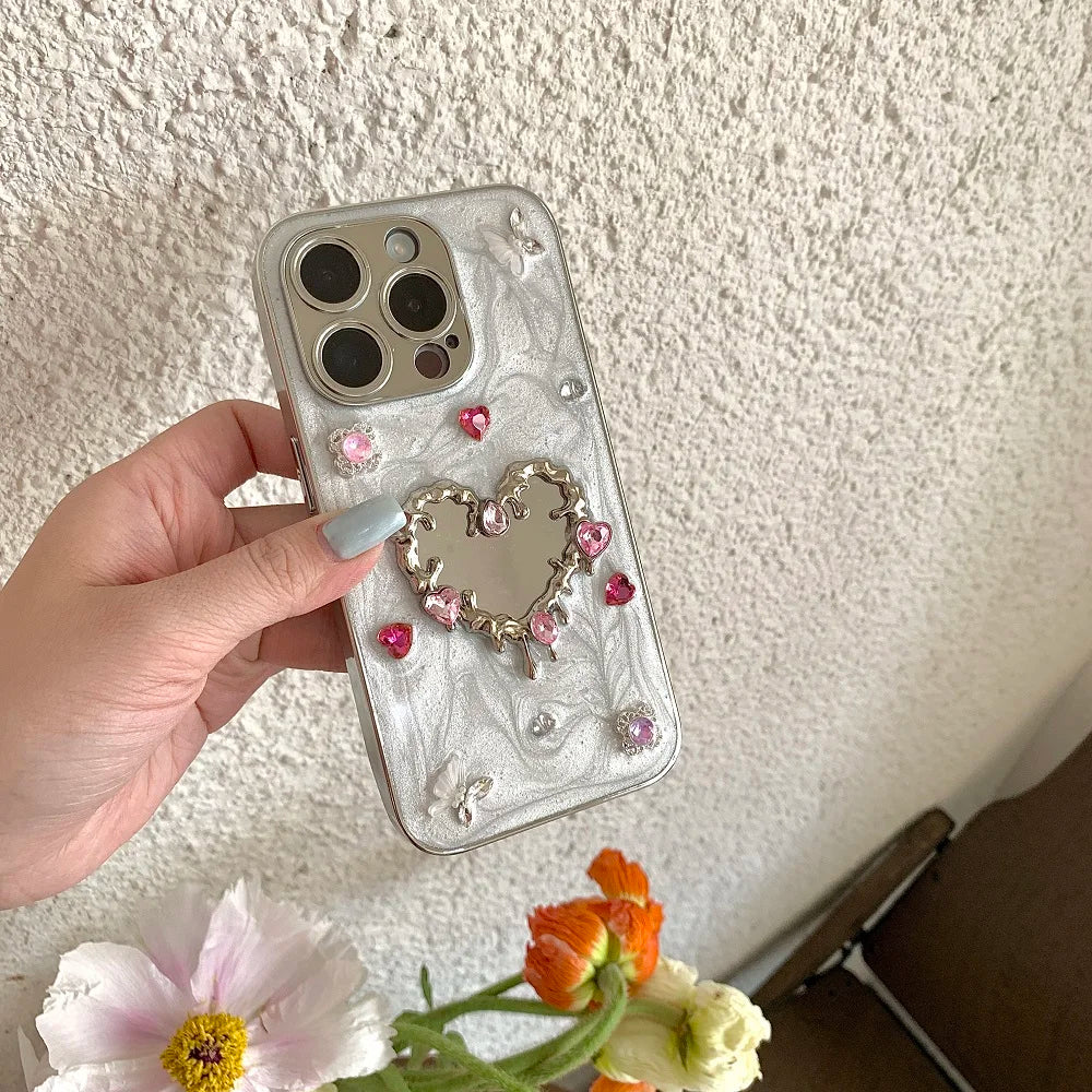 Glitter Diamond Heart Makeup Mirror Ballet Shoes Phone Case For iPhone 16 15 14 13 12 11 Pro Max Plus XR X Protective Cover