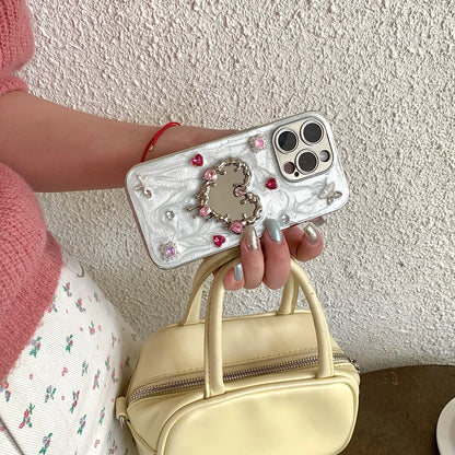 Glitter Diamond Heart Makeup Mirror Ballet Shoes Phone Case For iPhone 16 15 14 13 12 11 Pro Max Plus XR X Protective Cover