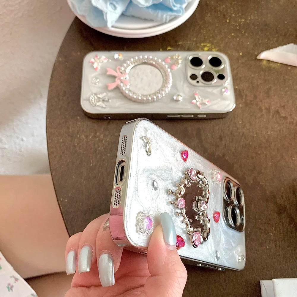 Glitter Diamond Heart Makeup Mirror Ballet Shoes Phone Case For iPhone 16 15 14 13 12 11 Pro Max Plus XR X Protective Cover