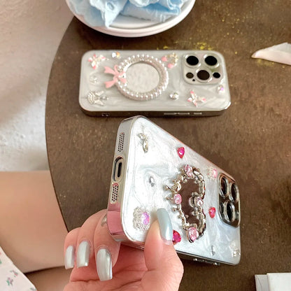 Glitter Diamond Heart Makeup Mirror Ballet Shoes Phone Case For iPhone 16 15 14 13 12 11 Pro Max Plus XR X Protective Cover