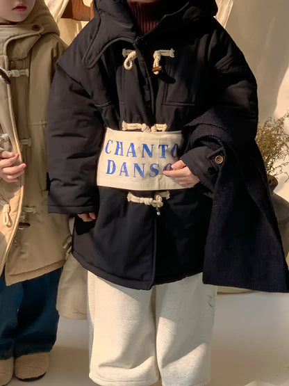 Children's jacket 2025 winter boys and girls Korean version thickened horn buckle coat children's casual hooded medium and long