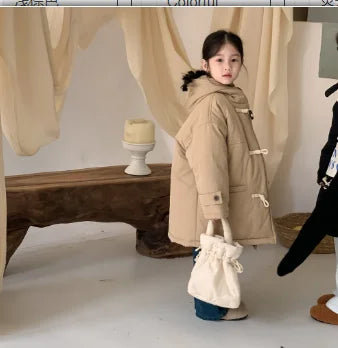 Children's jacket 2025 winter boys and girls Korean version thickened horn buckle coat children's casual hooded medium and long