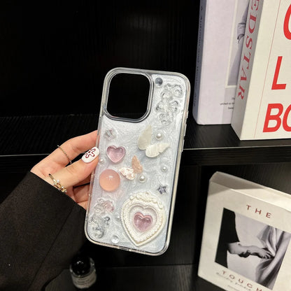 Korean Cute 3D Love Heart Pearl Butterfly Epoxy Phone Case For iPhone 17 Air 16 15 14 Plus 13 12 11 Pro Max Shockproof Cover