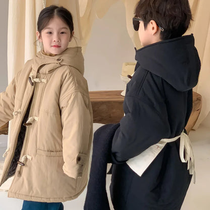 Children's jacket 2025 winter boys and girls Korean version thickened horn buckle coat children's casual hooded medium and long