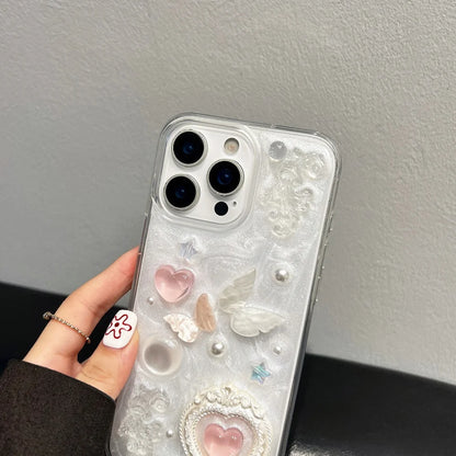 Korean Cute 3D Love Heart Pearl Butterfly Epoxy Phone Case For iPhone 17 Air 16 15 14 Plus 13 12 11 Pro Max Shockproof Cover