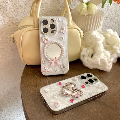 Glitter Diamond Heart Makeup Mirror Ballet Shoes Phone Case For iPhone 16 15 14 13 12 11 Pro Max Plus XR X Protective Cover