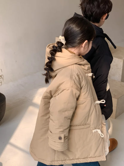 Children's jacket 2025 winter boys and girls Korean version thickened horn buckle coat children's casual hooded medium and long