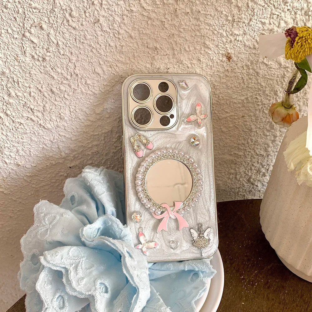 Glitter Diamond Heart Makeup Mirror Ballet Shoes Phone Case For iPhone 16 15 14 13 12 11 Pro Max Plus XR X Protective Cover