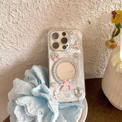 Glitter Diamond Heart Makeup Mirror Ballet Shoes Phone Case For iPhone 16 15 14 13 12 11 Pro Max Plus XR X Protective Cover