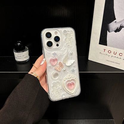 Korean Cute 3D Love Heart Pearl Butterfly Epoxy Phone Case For iPhone 17 Air 16 15 14 Plus 13 12 11 Pro Max Shockproof Cover