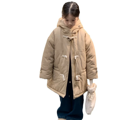 Children's jacket 2025 winter boys and girls Korean version thickened horn buckle coat children's casual hooded medium and long