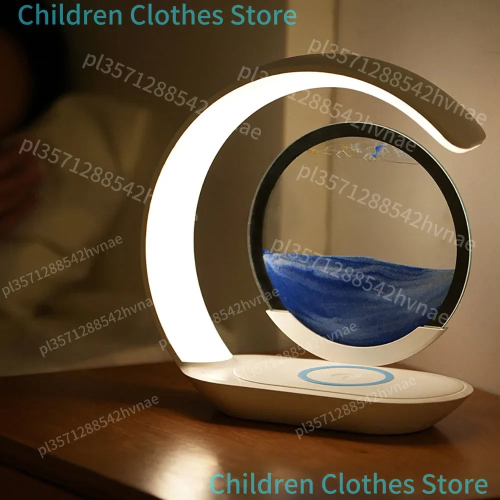 Quicksand Table Lamp Wireless Charging Desk Lamp 3D Hourglass Ornaments Sand Painting Night Light for Office Room Decoration