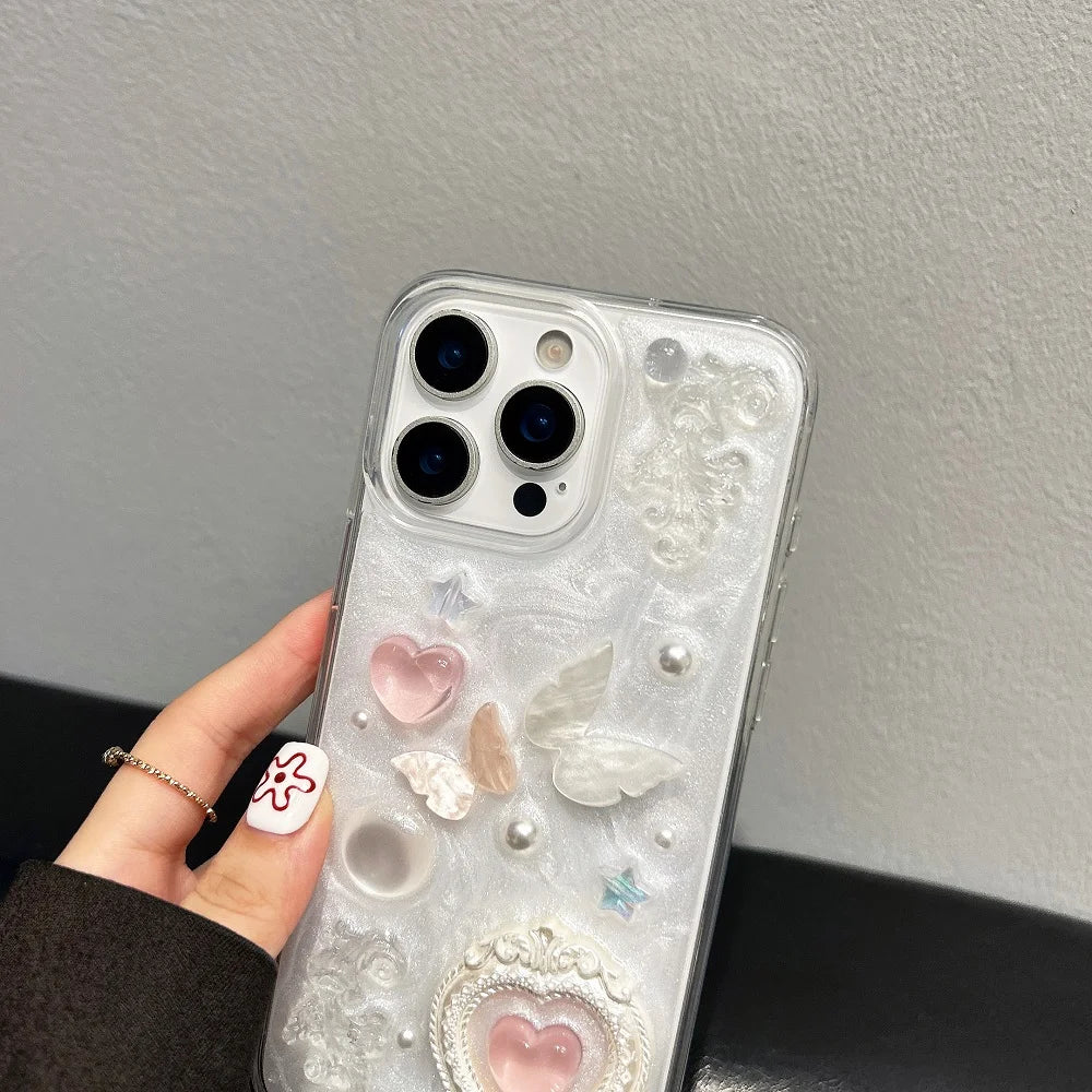 Korean Cute 3D Love Heart Pearl Butterfly Epoxy Phone Case For iPhone 17 Air 16 15 14 Plus 13 12 11 Pro Max Shockproof Cover