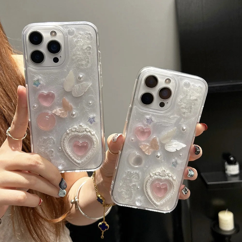 Korean Cute 3D Love Heart Pearl Butterfly Epoxy Phone Case For iPhone 17 Air 16 15 14 Plus 13 12 11 Pro Max Shockproof Cover