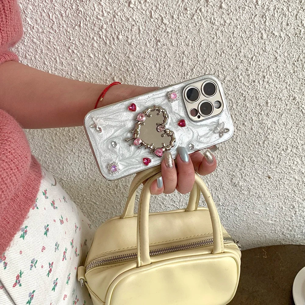 Glitter Diamond Heart Makeup Mirror Ballet Shoes Phone Case For iPhone 16 15 14 13 12 11 Pro Max Plus XR X Protective Cover