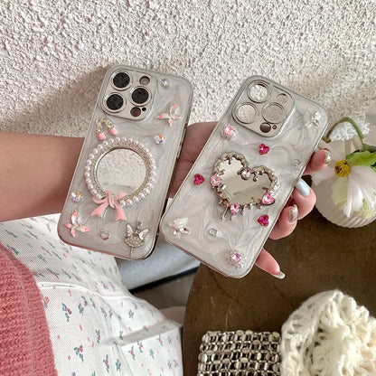 Glitter Diamond Heart Makeup Mirror Ballet Shoes Phone Case For iPhone 16 15 14 13 12 11 Pro Max Plus XR X Protective Cover