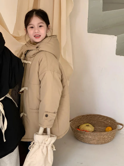 Children's jacket 2025 winter boys and girls Korean version thickened horn buckle coat children's casual hooded medium and long