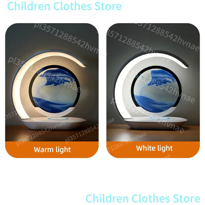 Quicksand Table Lamp Wireless Charging Desk Lamp 3D Hourglass Ornaments Sand Painting Night Light for Office Room Decoration