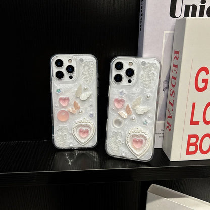 Korean Cute 3D Love Heart Pearl Butterfly Epoxy Phone Case For iPhone 17 Air 16 15 14 Plus 13 12 11 Pro Max Shockproof Cover