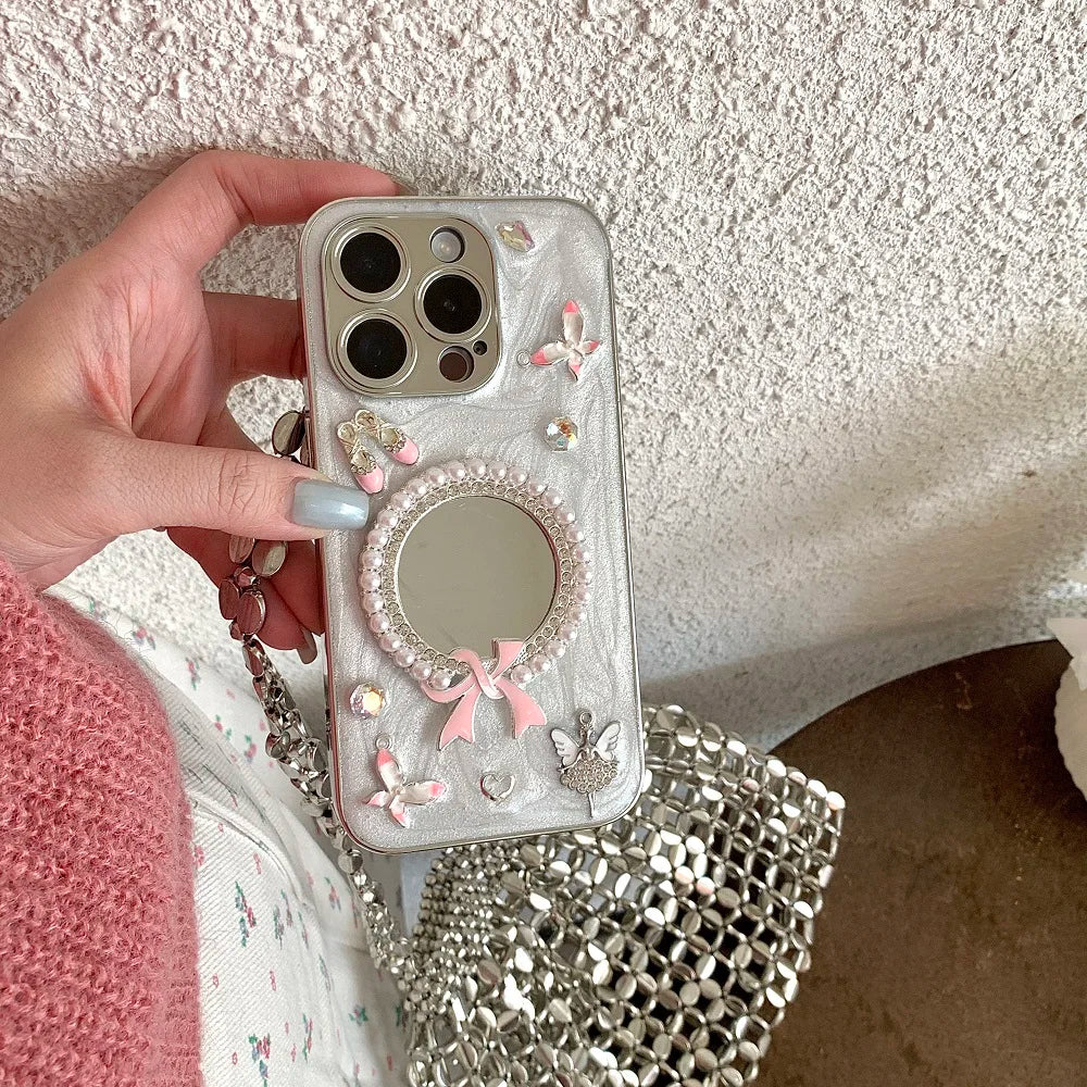 Glitter Diamond Heart Makeup Mirror Ballet Shoes Phone Case For iPhone 16 15 14 13 12 11 Pro Max Plus XR X Protective Cover