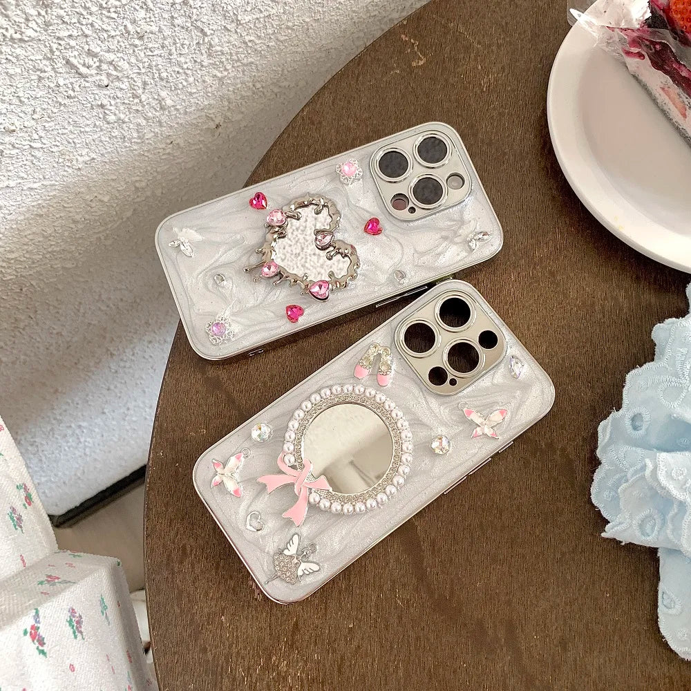 Glitter Diamond Heart Makeup Mirror Ballet Shoes Phone Case For iPhone 16 15 14 13 12 11 Pro Max Plus XR X Protective Cover