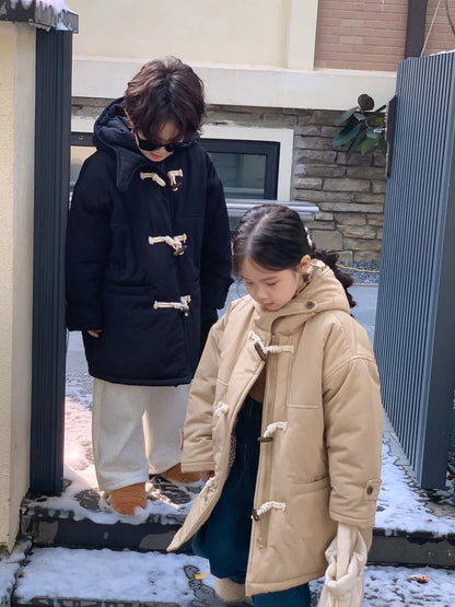 Children's jacket 2025 winter boys and girls Korean version thickened horn buckle coat children's casual hooded medium and long