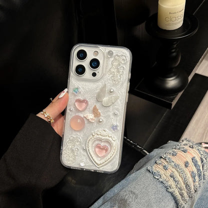 Korean Cute 3D Love Heart Pearl Butterfly Epoxy Phone Case For iPhone 17 Air 16 15 14 Plus 13 12 11 Pro Max Shockproof Cover