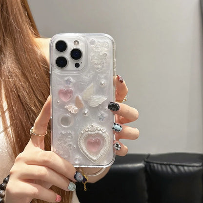 Korean Cute 3D Love Heart Pearl Butterfly Epoxy Phone Case For iPhone 17 Air 16 15 14 Plus 13 12 11 Pro Max Shockproof Cover