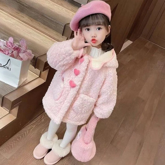 Girl Coat Autumn and Winter Fleece Hooded Mid Length Top 4-12-year-old Girls Warm and Fashionable Pink Wool Blends Coat