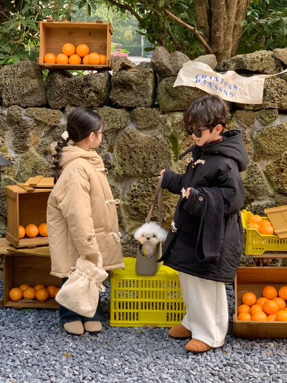 Children's jacket 2025 winter boys and girls Korean version thickened horn buckle coat children's casual hooded medium and long